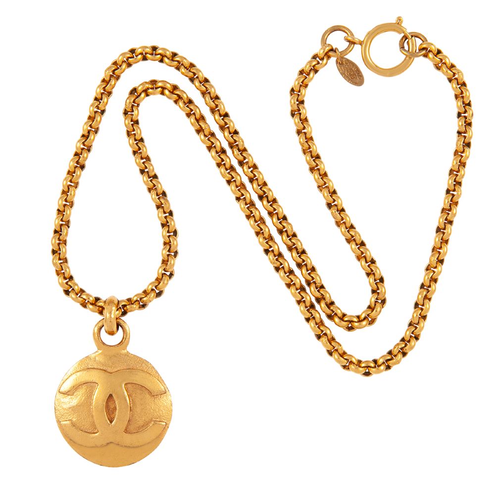 Chanel Vintage Gold CC Medallion Necklace  Blue Spinac